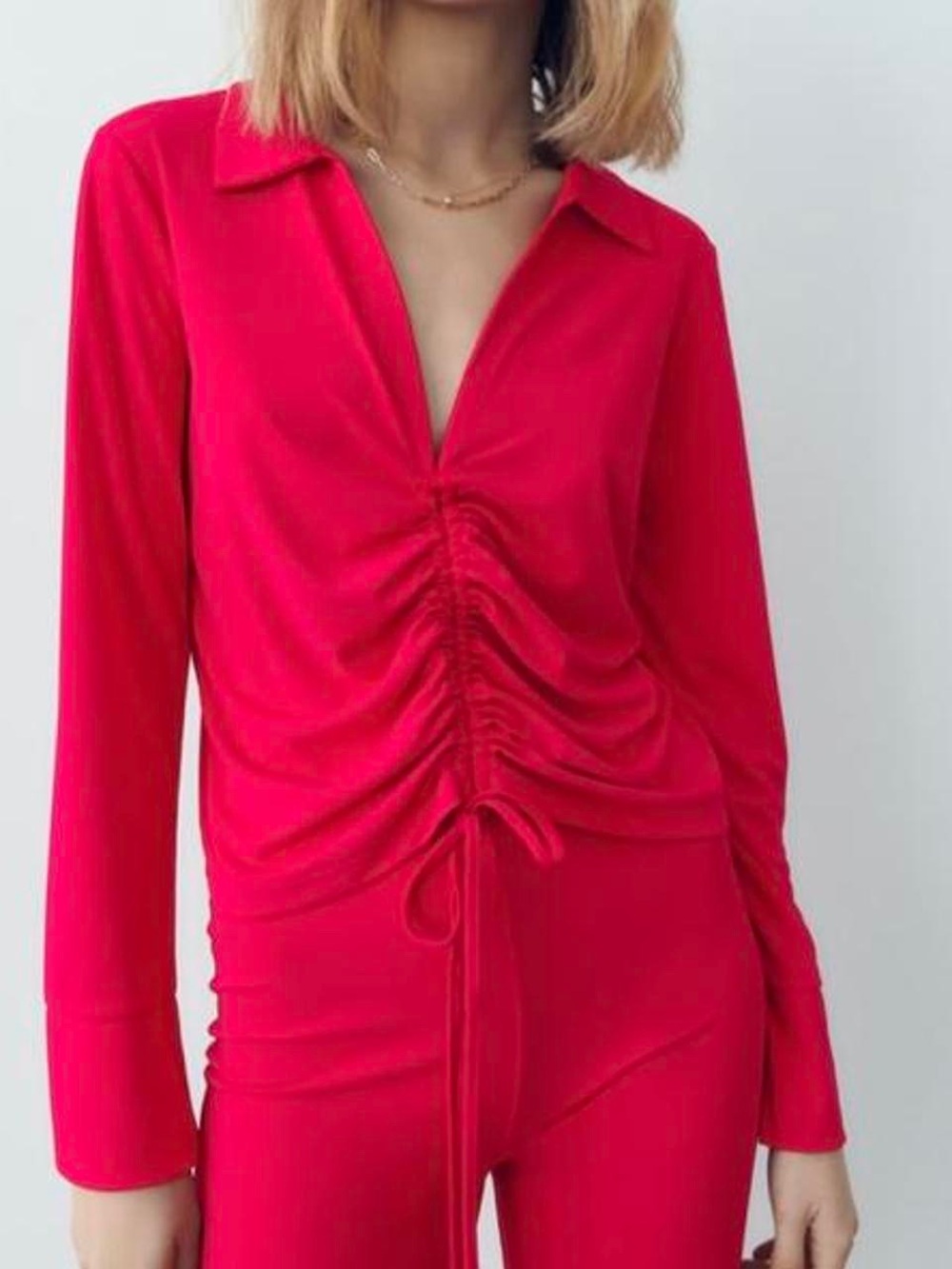 Zara Ruched Drawstring Button-Down Top - Hot Pink and matching pants